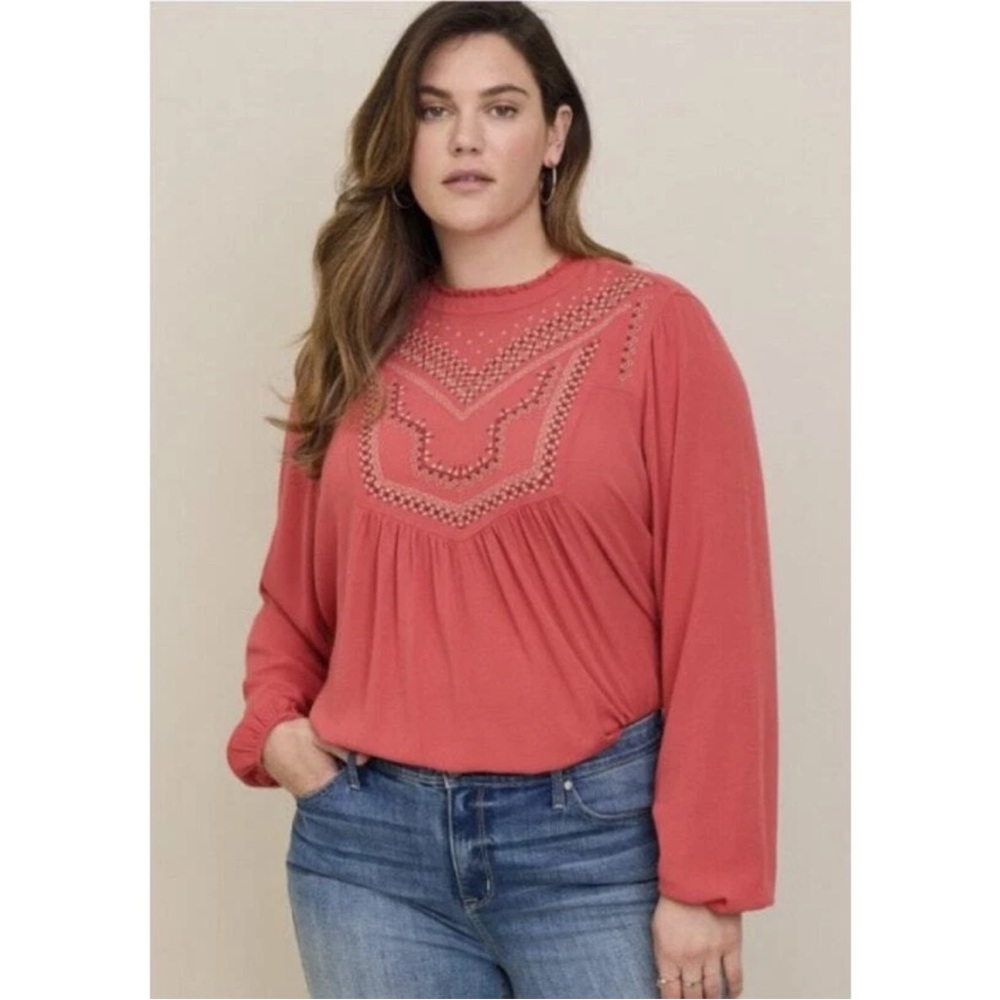 Torrid Plus Size Embroidered Top Womens Coral Blouse Ruffle Gauzy Boho Crinkle
